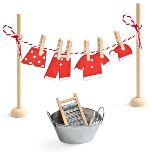 Juego de Tendedero en Miniatura, Puerta Elfo Navidad Accesorios con Ropa, Pinzas Ropa, Cubo, Tabla de Lavar, Kit Puerta Elfo Navidad Decoración, Accesorios para Casa de Muñecas Miniaturas