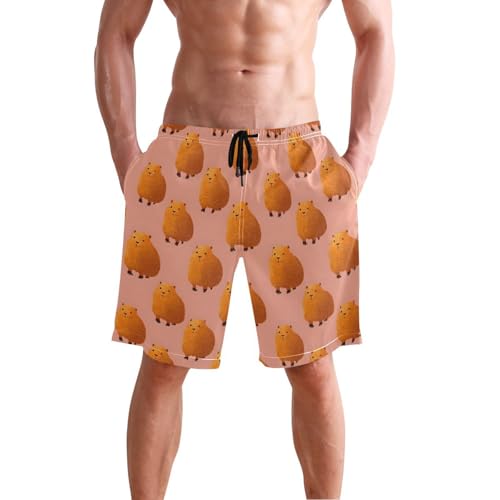 Men's Swim Trunks Anime Capybara Print, Quick Dry Beach Board Shorts with Lining-S