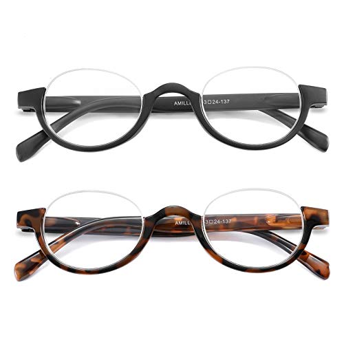 AMILLET Half Moon Reading Glasses for Men and Women Lightweight Retro Round Half Frame Readers with Spring Hingeï¼ˆBlack Tortoise +2.25)