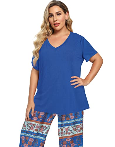 Image of Vozanet Women's Pajamas Set Soft V Neck Sleepwear Top and Capri Pj Lounge Sets Cartoon Heart Shape Cat Nighty Plus Size