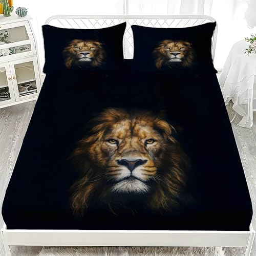 野生動物シーツシングルライオンベッドカバー柔らかい通気性マイクロファイバー 3点セット防ダニ高反発 吸水 速乾 抗菌 防臭 防ダニと 2 枕カバー43x63 cm着脱簡単 丸洗い可能 マットレスカバー100x200x30 cm