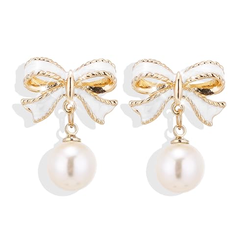 Gold Pearl Bow Earrings For Women Trendy Pink Coquette Drop Stud Ribbon Silver Earrings Dangle Jewelry - Unique Gifts For Wife Valentines Day Preppy Cute Teen Girls Accessories 2024 (white)