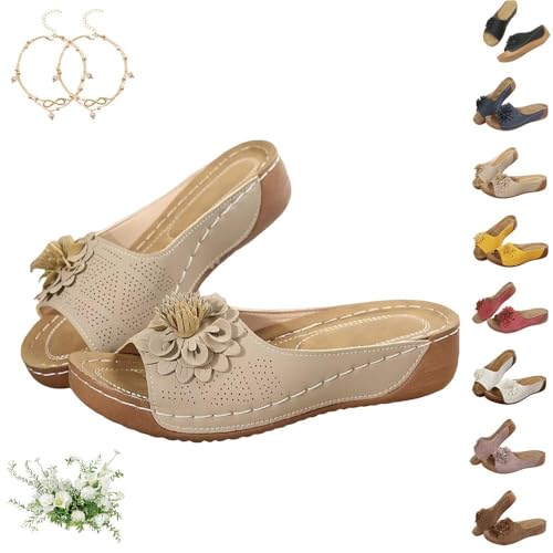 Comfortable Non-Slip Solid Color Open-Toe Wedge Sandals for Women Casual Slip on All Day Walking Thick Sole Comfy Slides(Khaki,US 9)
