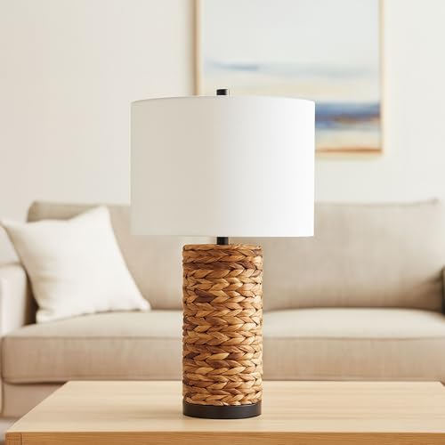 Pillar Accent Table Lamp with Woven Seagrass Pattern – Metal Decorative Lamp with White Drum-Shaped Shade – Coastal & Boho Home Decor for Any Room – 14"x26", Natural Brown