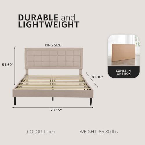 Image of Decoro Mornington Upholstered 2.0 Platform Bed, Button-Tufted Fabric Headboard and Metal Frame with Wood Slat Support, Linen, King