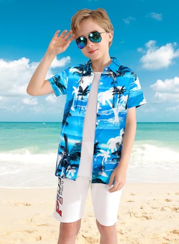 Image of XiaoMoSha Hawaiian Shirts for Boys Button Down Shirt Short Sleeve Shirts Girls Hawaiian Shirt Summer Beach Tops for Kids