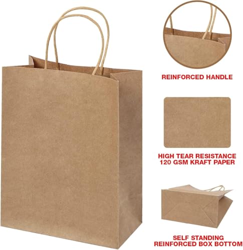 Image of Brown Kraft Paper Bags with Handles- 50pcs 10 inchx14 inchx5 inch Medium Size Bags, Return Gift Craft Paper carry Bag for Shopping Retail Merchandise - Disposable