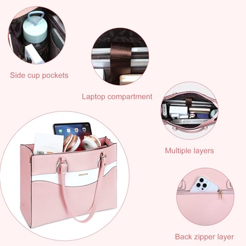 MOSISO Laptop Tote Bag for Women, 15.6 inch Work Teacher Laptop Bag, PU Leather Curved Line Computer Briefcase, Large Capacity Handbag for Business Office, Pink2