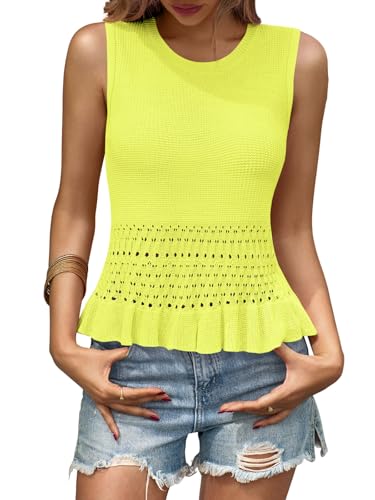 Image of Saodimallsu Womens Crochet Tank Top Sweater Vest | Sleeveless,Crew Neck,Pullover Top, Ruffle,Boho,Knit,Beach Vacation Outfits
