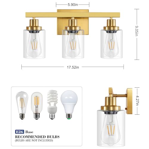 Image of 3 Light Gold Bathroom Light Fixtures, Bathroom Vanity Light Over Mirror, Gold Wall Sconce Vanity Lighting with Clear Glass Shade,Modern Farmhouse Bath Wall Lamp for Mirror Kitchen