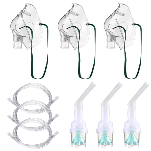 Verneblerzubehör 3 Sets mit Mundstücke Erwachsenenmasken Tassen 2m Schlauch Sauerstoffmaske Zubehör für Erwachsene phthalatfrei latexfrei