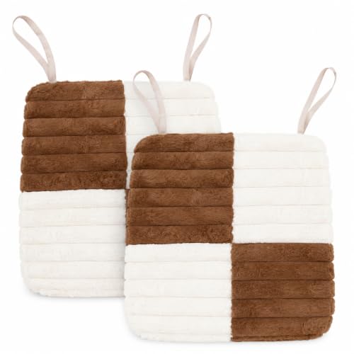 Image of Amazon Brand - Umi Brown & White Checkerboard Faux Fur Chair Seat Cushions, 16x16 Inch Fluffy Dining Chair Pads with Ties, Foam-Filled Rustic Farmhouse Chair Pads, Set of 2