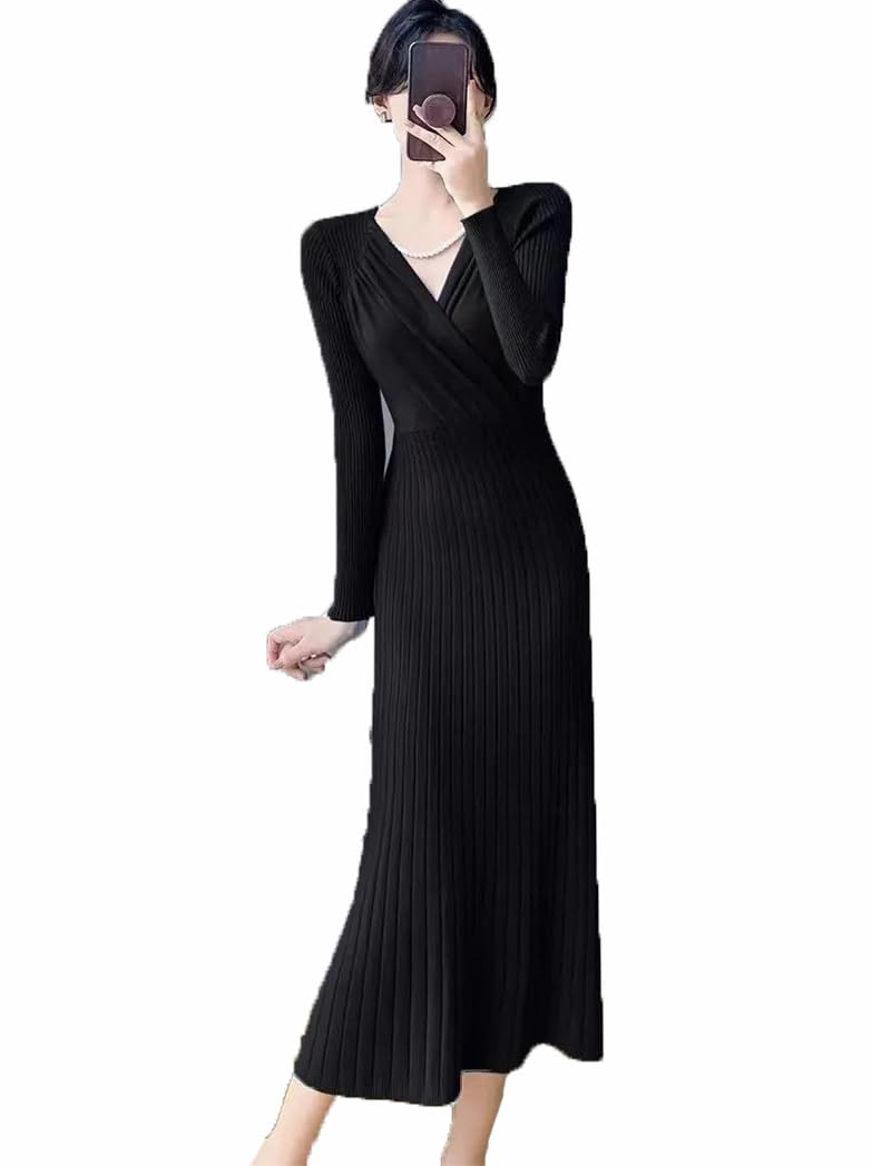 Abito da donna con scollo a V, lavorato a maglia, stile retrò, per feste