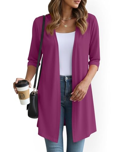 Image of YSYOKOW Womens Open Front Long Cardigan 3 /4 Sleeve Lightweight Knit Cardigan Casual Layering Spring Summer