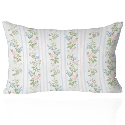 Feranovian Floral Pillow Cover 12x20 – Vintage Rose and Blue Flower Cushion Case with Striped Pattern – Cottagecore Throw Pillow for Sofa, Bedroom or Grandmillennial Decor