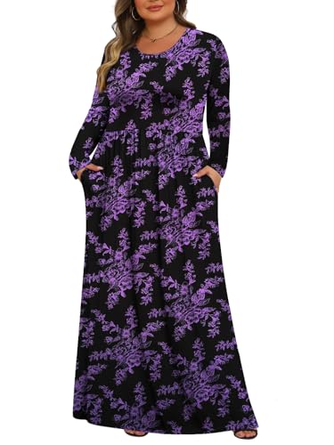 Tencede Womens Plus Size Maxi Dresses Long Sleeve with Pockets Casual Long Dress 1X-5X