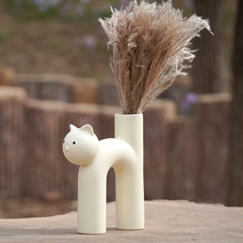 Bigpipi Cute Cat Shaped Ceramic Flower Vase For Home Bedroom Office Coffee Table Centerpieces, Unique Modern Aesthetic Decorative Vase, Funny Cat Lover Gift (White) #TOP3