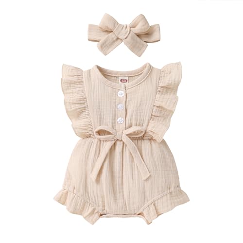 Image of YOUNGER TREE Toddler Baby Girl Ruffled Sleeveless Romper Casual Summer Jumpsuit Cotton Linen Clothes