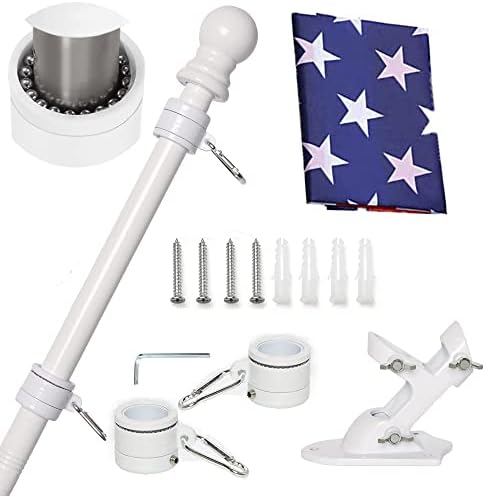 AMOSSO 6FT House Flag Pole Kit, Extra Thick Tangle Free Spinning Metal Outdoor Flagpole with Built-in Ball Bearing Rings, Aluminum Bracket,3x5 American Flag, for Porch Residential & Commerical, White