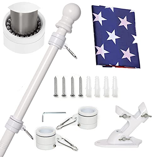 Amosso 6Ft House Flag Pole Kit, Extra Thick Tangle Free Spinning Metal Outdoor Flagpole With Built-In Ball Bearing Rings, Aluminum Bracket,3X5 American Flag, For Porch Residential & Commerical, White #TOP3