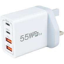 USB C Plug Fast Charge, 55W 4-Port Multi USB Charger Plug UK Dual Port PD Power Adapter +QC Wall Plug Multiport Mains Type C Charging Plug compatible with i Phones 16 15 14 13 SSamsung, i-Pads, I-pods