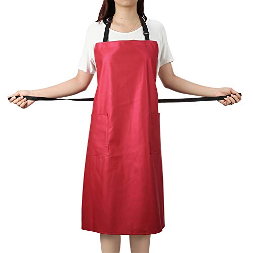Waterproof Rubber Vinyl Apron for Women - Chemical Resistant Work Cloth with 2 Pockets - Adjustable Bib Butcher Apron - Best for DishWashing, Lab Work, Dog Grooming, Cleaning Fish (Red)