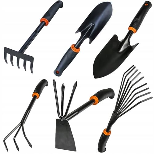 Mavendo Gartenwerkzeug Set 6-Teiliges Garten Zubehör Gartengeräte aus Stahl 6in1 Stück: 2X Blumenkelle, Kleinrechen, Kombihacke (Doppelhacke), Grubber, Grasrechen (Kleinbesen) Kleingeräte Pflanzset