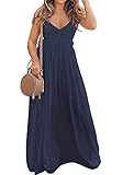 Open Back Dress,Women's Casual Sleeveless V Neck Summer Beach Maxi Long Dress Dark Blue,XL