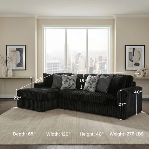Image of Signature Design by Ashley Midnight-Madness 2-Piece Sectional Sofa with Chaise, Quick 5-Minute Assembly, L-Shaped Polyester Corduroy Couch for Living Rooms, 120 inch W x 65 inch D, Onyx Black