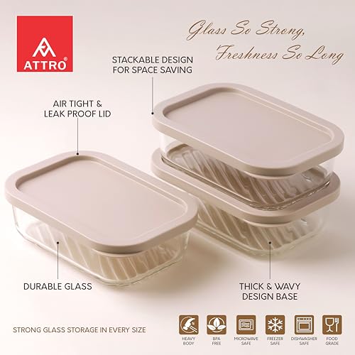 Image of ATTRO Storeit Borosilicate Glass Storage Containers - 520ml, Set of 3, Transparent & Stackable with PE Lids, Microwave, Fridge & Dishwasher Safe, Ideal for Kitchen & Leftovers- Ivory