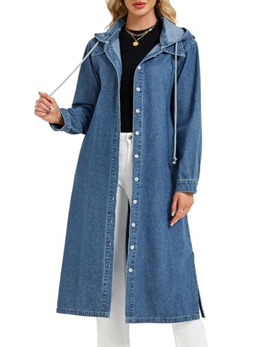 Women's Long Denim Jackets Maxi Trench Coat Jean Jacket with Drawstring Detachable Hoodie3