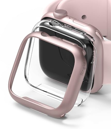 Coque Apple Watch 45mm Series 9 8 7 Ringke Slim bumper rigide transparent rose lot de 2