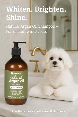 Flamingo hundeshampoo - mit Arganöl - für Hunde mit einen weisser Fell 500 ml - Geeignet für alle Fell- und Hauttypen - Stellt die natürliche Weiße und den Glanz des vergilbten Fells Wieder her