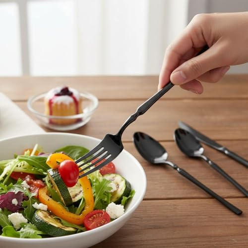 Image of 10 Pcs Black Cutlery Set for Dining Table the Perfect Lightweight Silim Handle Tableware Including Dinner Spoon, Dinner Fork, Dinner Knife, Dessert Spoon & Dessert Fork