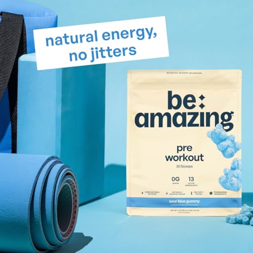 Image of BE AMAZING Pre Workout Powder, Vegan Supplement with 125mg Natural Caffeine, Ashwagandha and Adaptogens, Sugar Free Drink Mix for Men and Women, Gluten Free, Non GMO, Sour Blue Gummy, 30 Servings