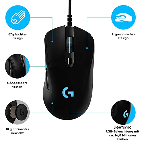 Logitech G403 HERO Gaming-Maus mit HERO 25K DPI Sensor, LIGHTSYNC RGB, geringes Gewicht von 87g und optionales 10g Gewicht, geflochtenes Kabel, PC/Mac - Schwarz