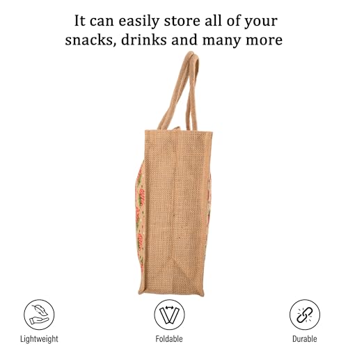 Image of Kuber Industries Pack of 6 Multi-purpose Jute Lunch Bags For Office Men /Women | Reusable Grocery Bag with Zip & Handle | Carry bag For Office Employees | Strawberry Print - Red & Brown