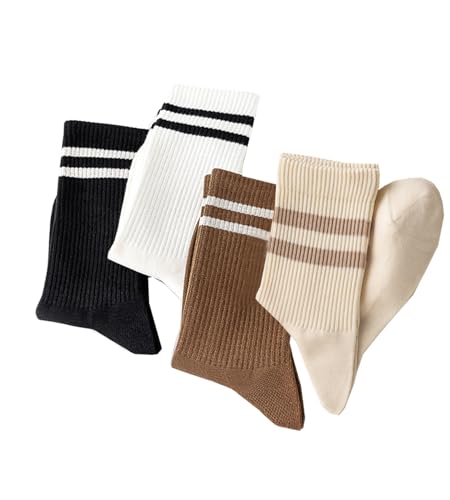 Image of Deeorla Womens Striped Crew Socks Brown Vintage Retro Athletic Socks 5 Pairs