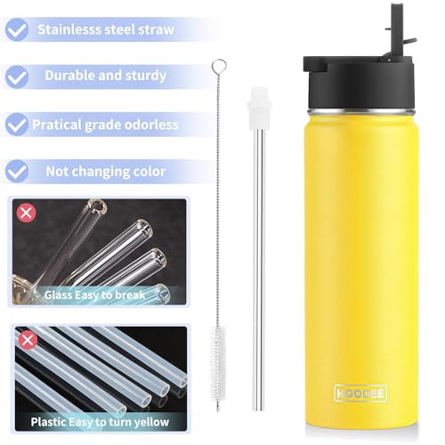 Image of koodee Water Bottle with Straw-22 oz Stainless Steel Vacuum Insulated Water Bottle for Girls Metal Sports Flask for Adult(Yellow)