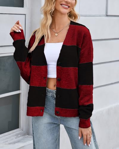 Image of YEXPINE Unisex Striped Cardigan Sweaters Open Front Long Sleeve Oversized Button V Neck Knit Outwear