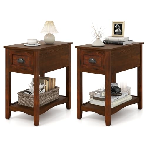 Giantex End Table with Drawer Set of 2, Retro Narrow Side Table, Nightstand with Solid Wood & Storage Shelf, Bedside Table for Living Room Bedroom Small Space Home Office (2, Walnut)
