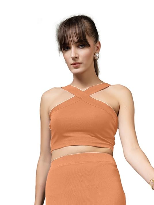 Image of OOMPH! Women Stretchable Relaxed Fit Crop Top With Stylised Shoulder Straps