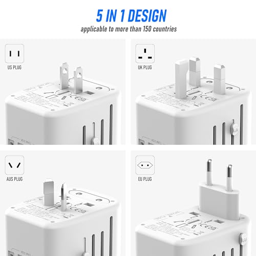 Image of VYLEE Universal International Power Travel Plug Adapter, 5 in 1 European Travel Plug Adapter W / 3.5A 2xUSB-A and 2xUSB C Wall Charger and Worldwide AC Outlet for Europe USA UK AUS Asia (White Gold)
