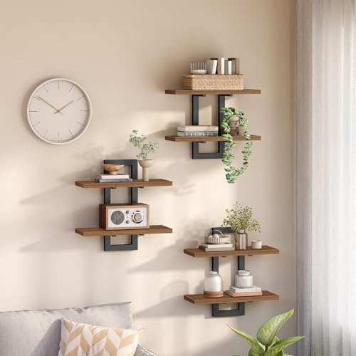 Image of HOOBRO Floating Shelves, 15 Inch Wall Shelf Set of 3, Wall Mounted Storage Shelves 2-Tier, Hanging Bathroom Shelves, for Living Room, Bedroom, Bathroom, Kitchen, Walnut and Black BH32BJP301