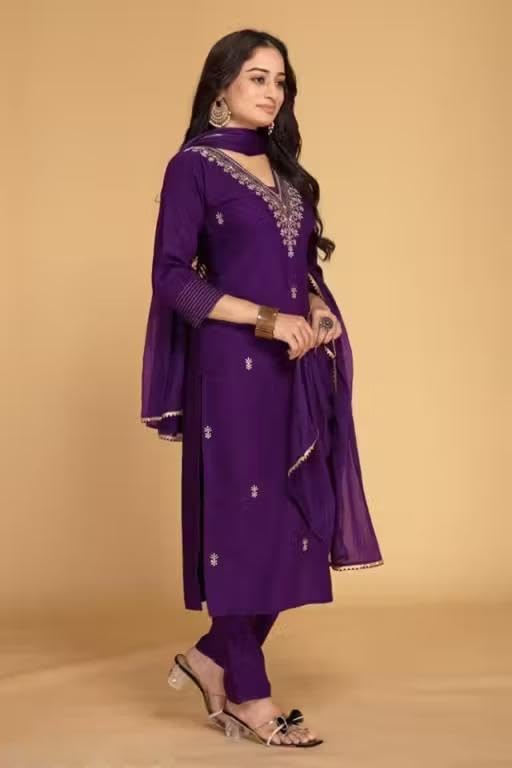 Image of Women's Cotton Blend Embroidered A-Line Kurta Set with Trousers and Silk Dupatta, Purple, Round Neck, 3 /4 Sleeve, Calf Length, Traditional Style