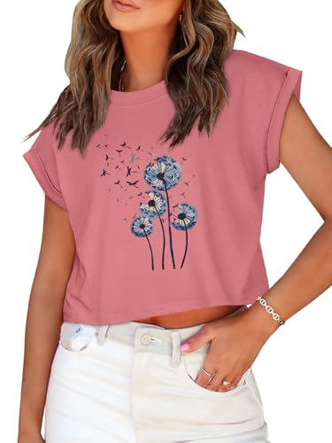 Image of Womens Crop Tops Summer Roll Cap Sleeve Cropped Tshirt Loose Fit Basic Tees