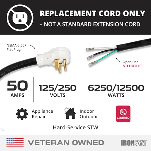 Iron Forge Cable NEMA 6-50 Extension Cord with Open End - 8ft 50 Amp EV Power Cord 3 Prong with Eyelet, 6/3 Gauge Replacement Cable - NEMA 6-50 Plug STW by IRON FORGE CABLE - Used condition - Image 2