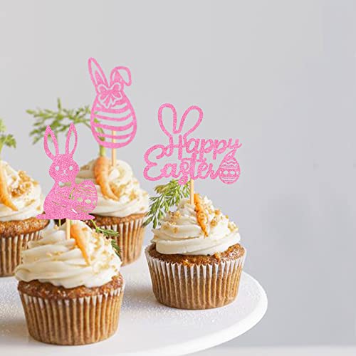 Cyodoos 24Pcs Happy Easter Cupcake Toppers Bunny Rabbit With Cute Eggs Cupcake Picks Cake Decoration For Easter Rabbit Theme Happy Birthday Spring Easter Party Decor Supplies-Pink Glitter #TOP4