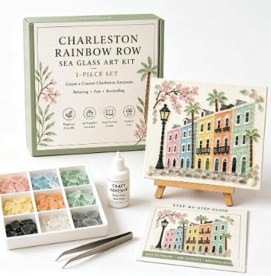 YILCER DIY Sea Glass Art Kit for Adults, Lighthouse Mosaic Craft Kit with Wooden Easel & Supplies, Coastal Wall Decor, Beginner Friendly Relaxing Keepsake Gift(Charleston Rainbow)