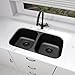 LQS 32 Inch Undermount Black Kitchen Sink, Black Oval Kitchen Sink Round Corner, 50/50 Double Bowl Stainless Steel Kitchen Sinks with Sink Strainers